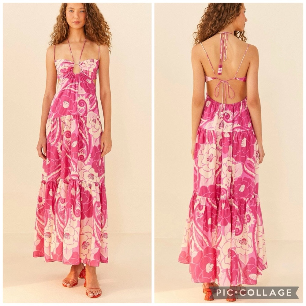 Farm Rio Tropical Groove Pink Maxi Dress Large Cutout Halter NWT - Picture 6 of 16